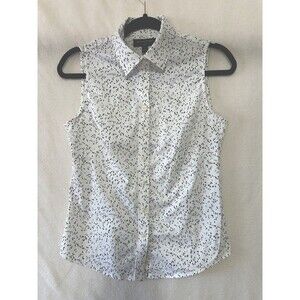 Banana Republic Shirt Women 6P White Sleeveless Button Collar No Iron Polka Dot